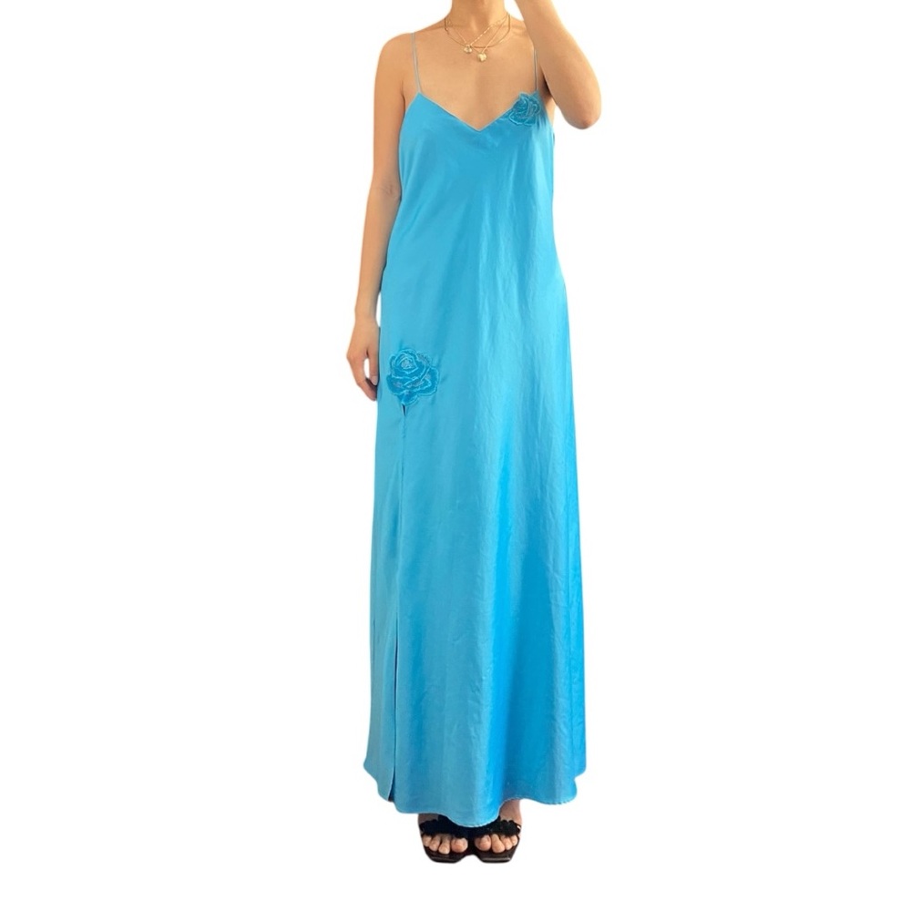 Vintage La Senza Flower Appliqué Satin Lingerie Maxi Blue Dress Size L